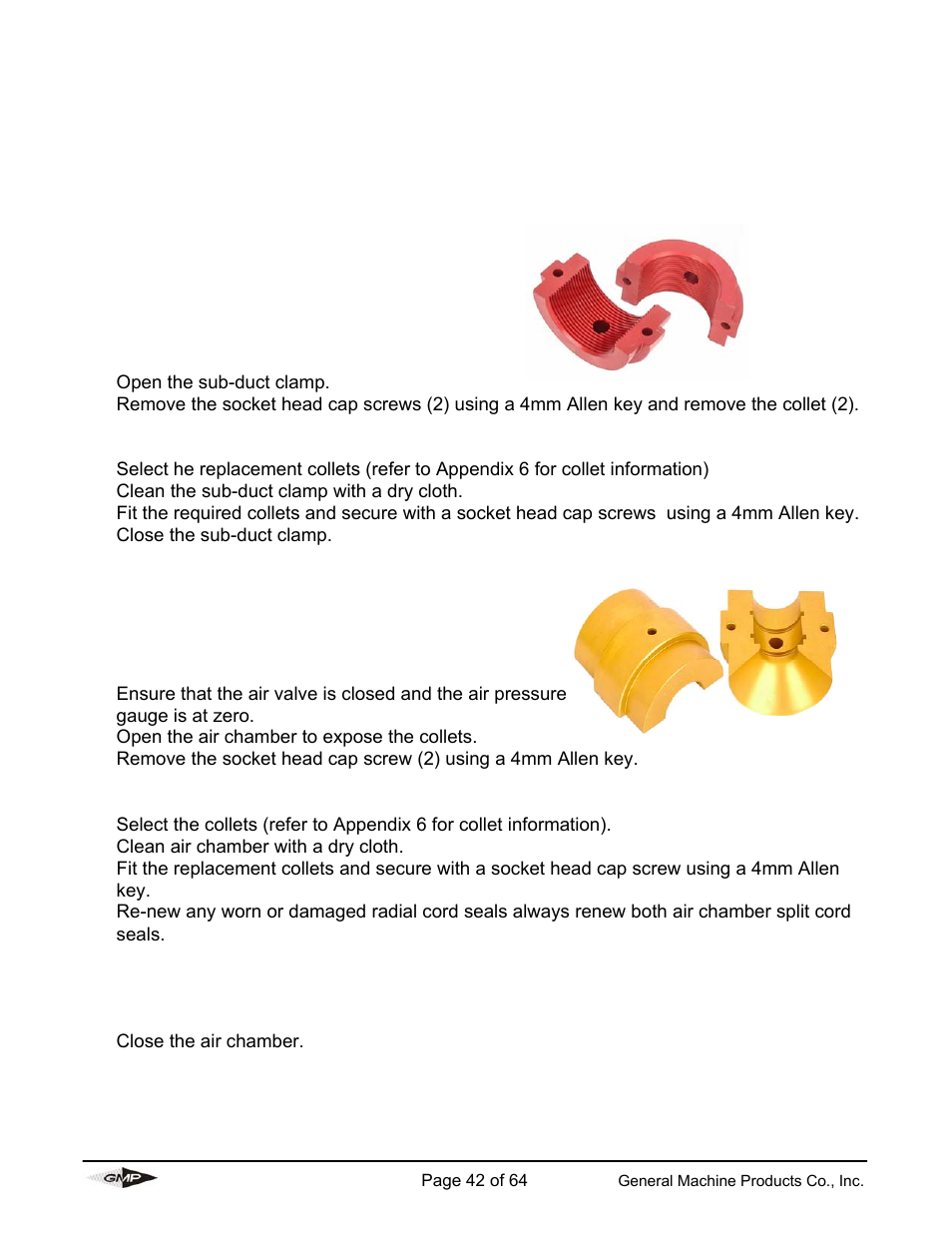 Procedure for replacement of sub-duct collets, Sub-duct clamp collets, Sub-duct seal collets | General Machine Products 89000 Cable Blowing Machine(Previous) User Manual | Page 42 / 62