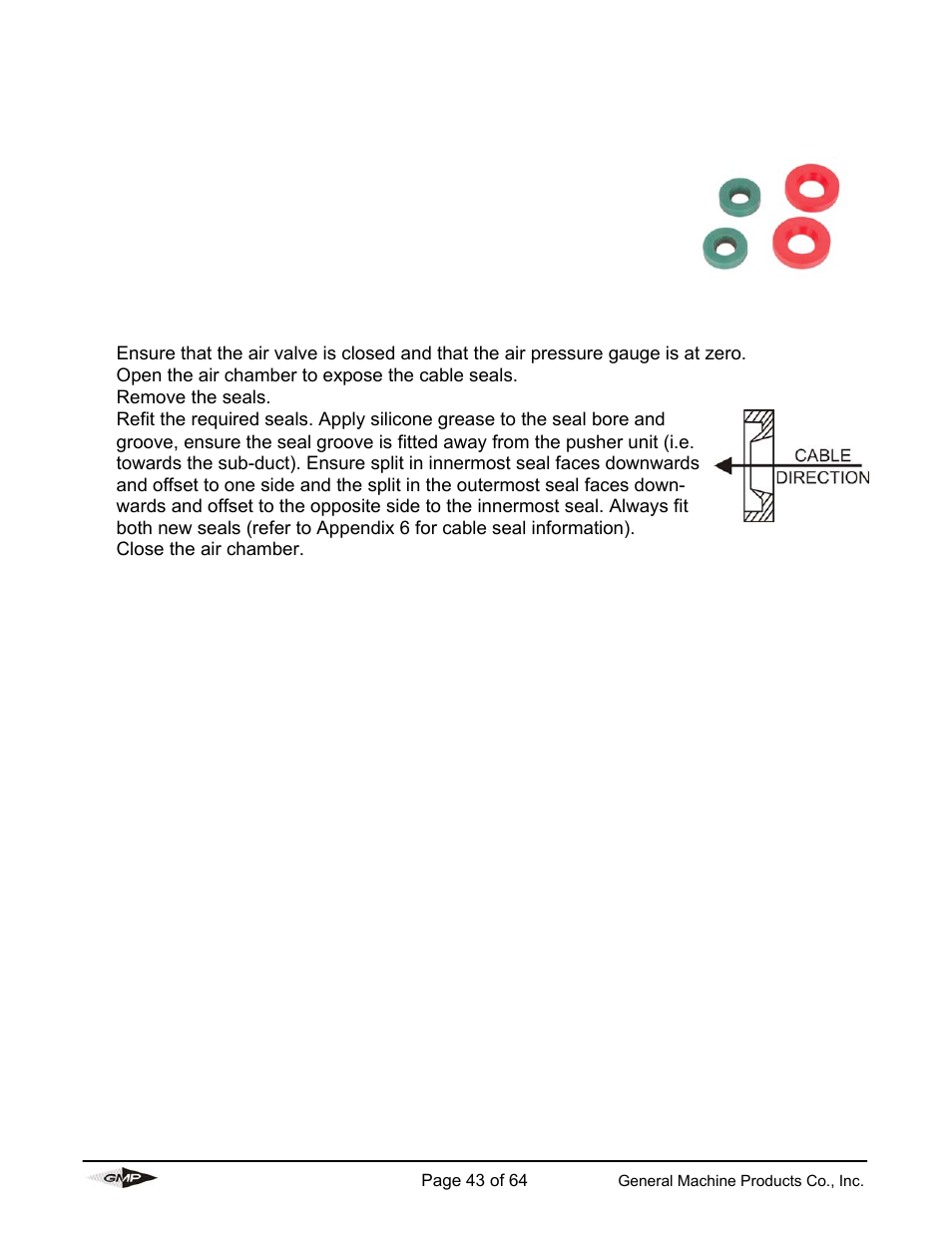 Procedure for replacement of cable seals | General Machine Products 89000 Cable Blowing Machine(Previous) User Manual | Page 43 / 62