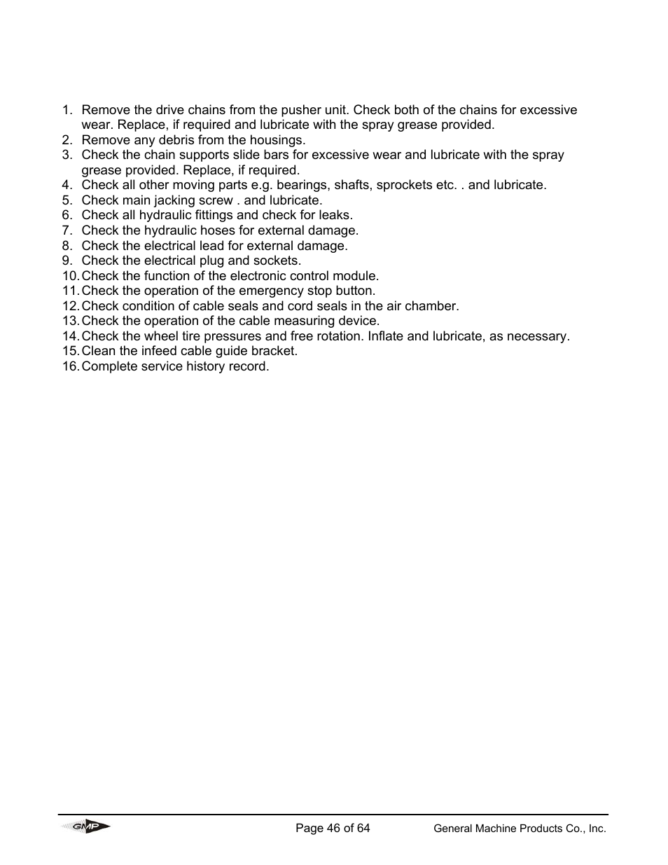 Monthly service – check list | General Machine Products 89000 Cable Blowing Machine(Previous) User Manual | Page 46 / 62