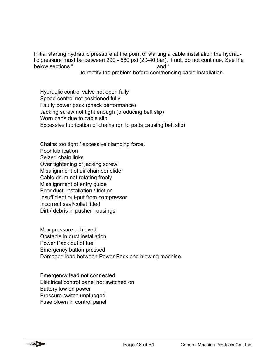 Troubleshooting guide | General Machine Products 89000 Cable Blowing Machine(Previous) User Manual | Page 48 / 62