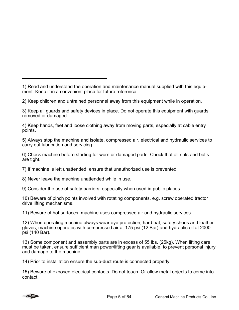 Safety instructions | General Machine Products 89000 Cable Blowing Machine(Previous) User Manual | Page 5 / 62