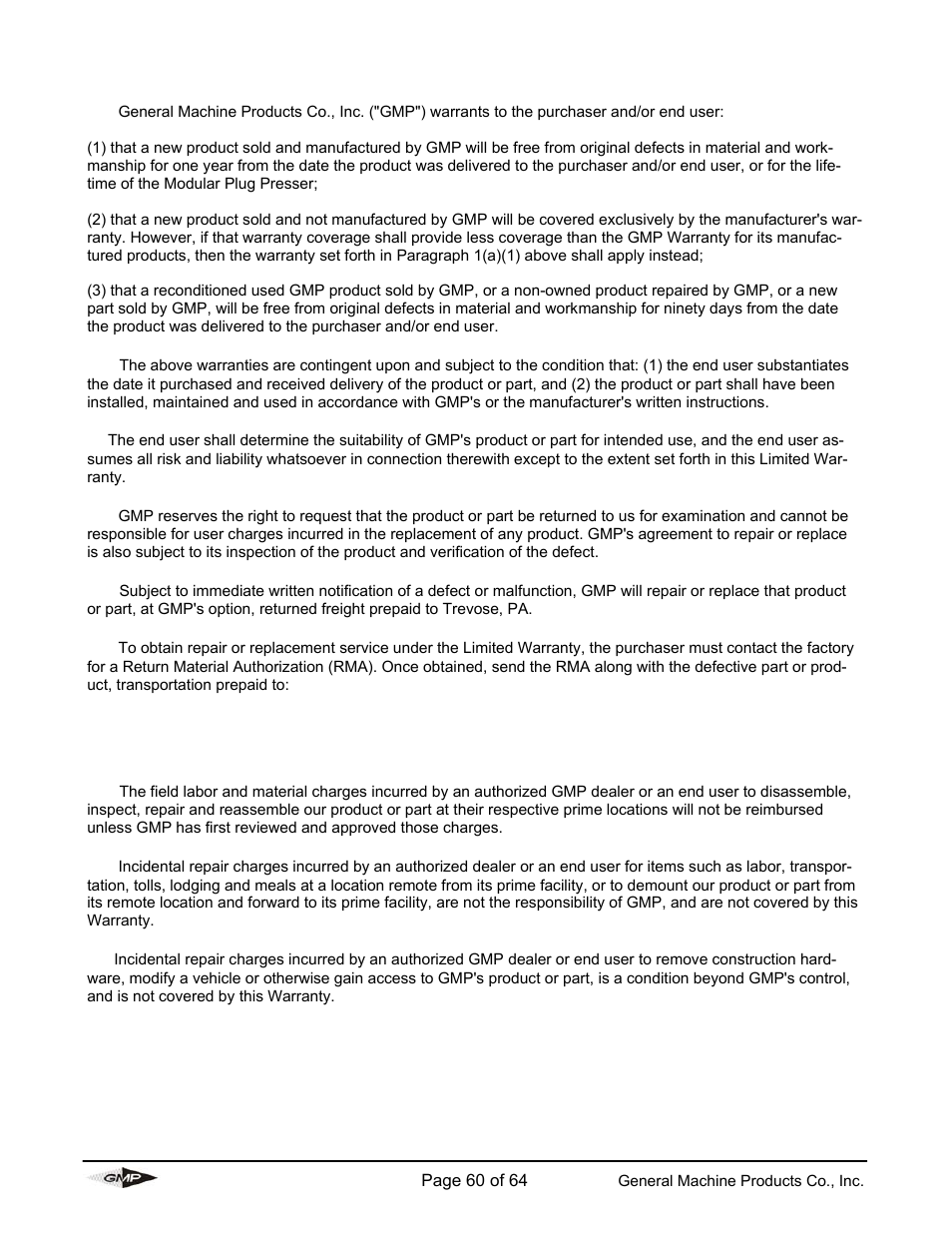 Gmp limited warranty | General Machine Products 89000 Cable Blowing Machine(Previous) User Manual | Page 60 / 62