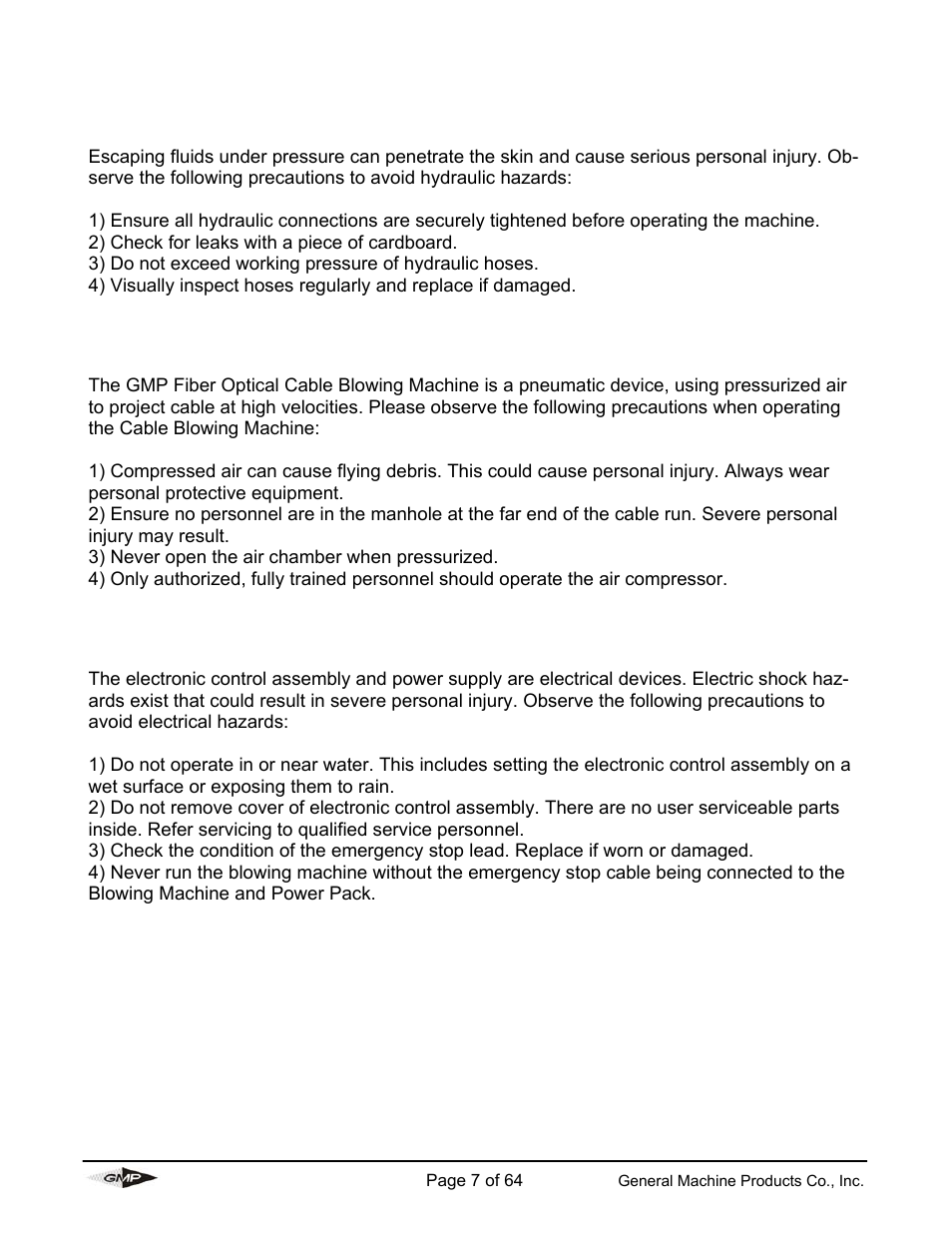 General hydraulics safety instructions, General pneumatic safety instructions, General electrical safety instructions | General Machine Products 89000 Cable Blowing Machine(Previous) User Manual | Page 7 / 62