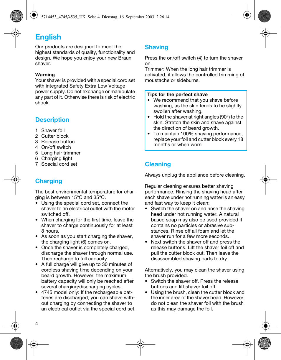 English, Description, Charging | Shaving, Cleaning | Braun 5715 User Manual | Page 4 / 6