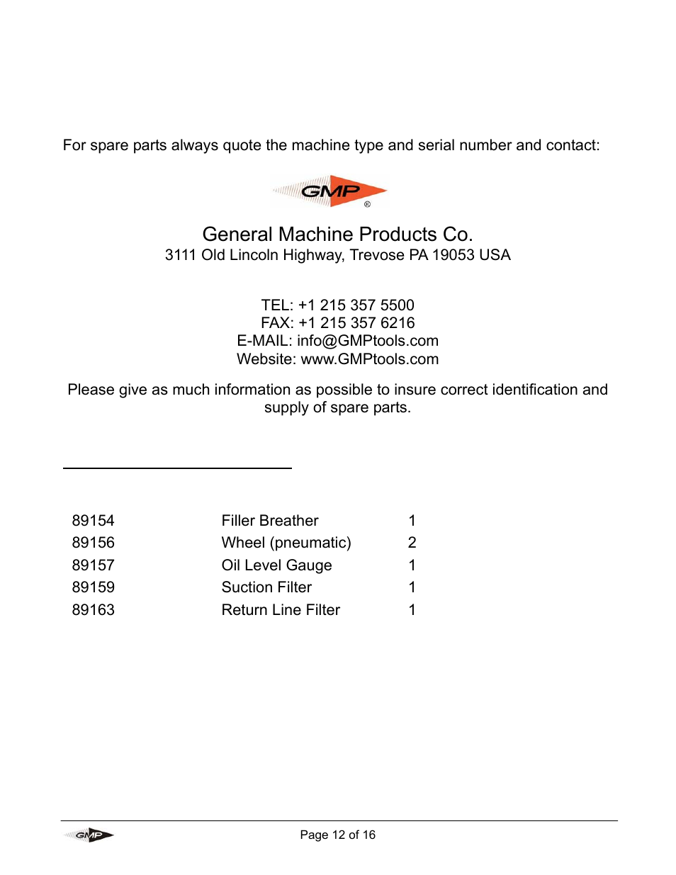 Spares, General machine products co | General Machine Products Tornado Hydraulic Power Pack Vertical Style User Manual | Page 12 / 16