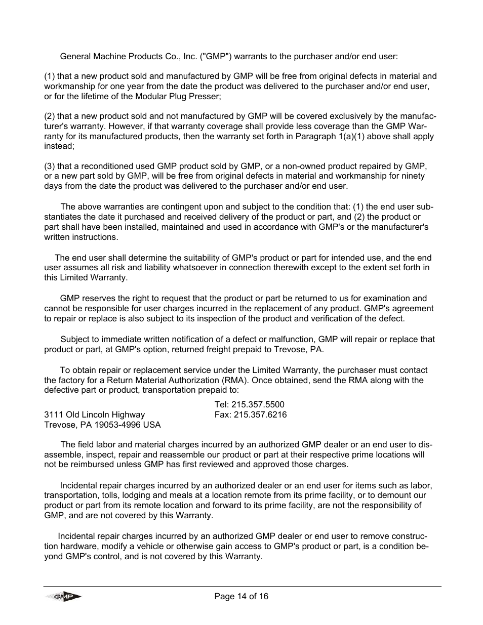 Gmp limited warranty | General Machine Products Tornado Hydraulic Power Pack Vertical Style User Manual | Page 14 / 16