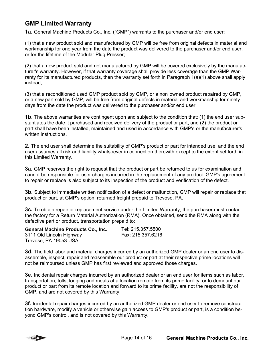 Gmp limited warranty | General Machine Products 89009 Compressor Aircooler User Manual | Page 14 / 16