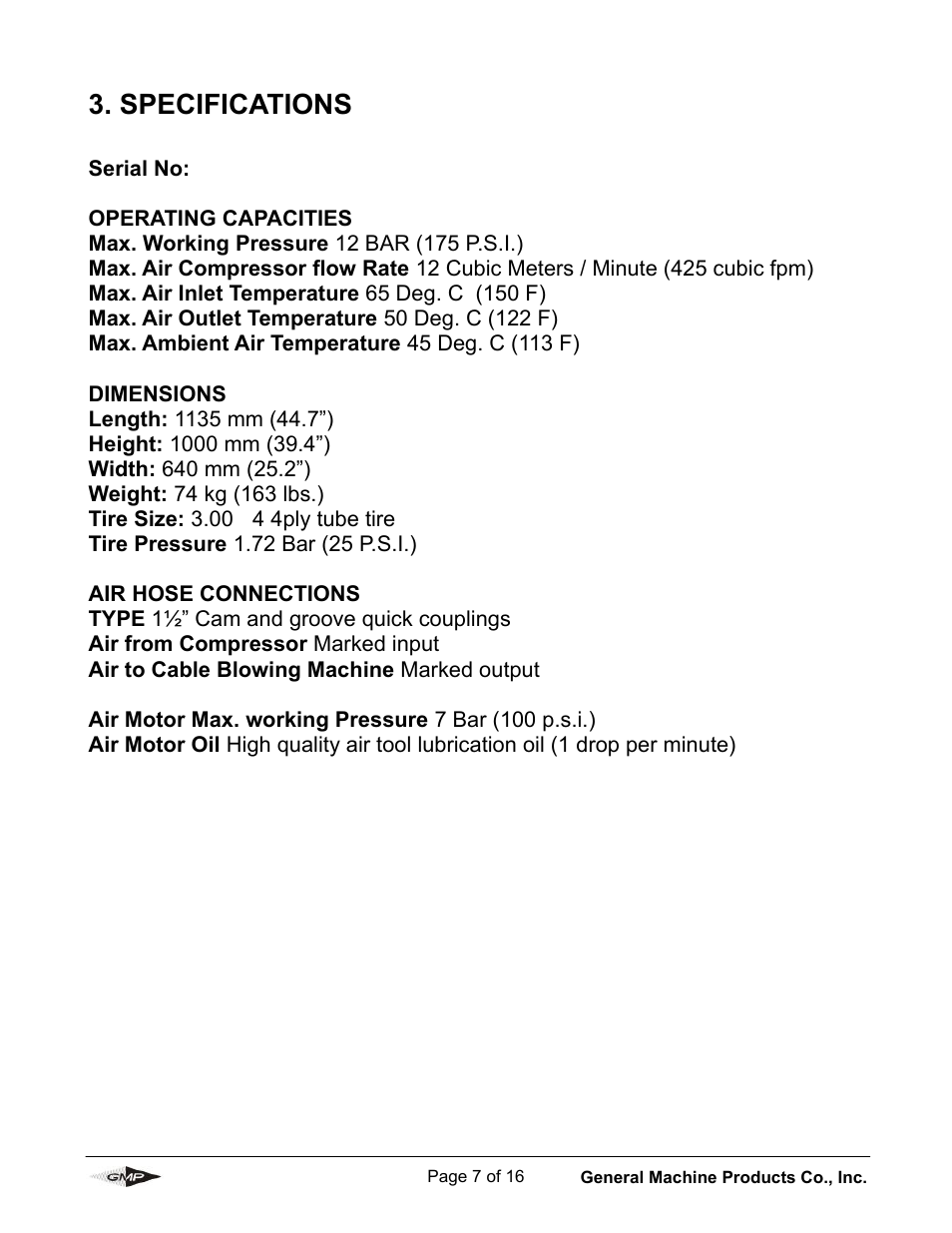 Specifications | General Machine Products 89009 Compressor Aircooler User Manual | Page 7 / 16