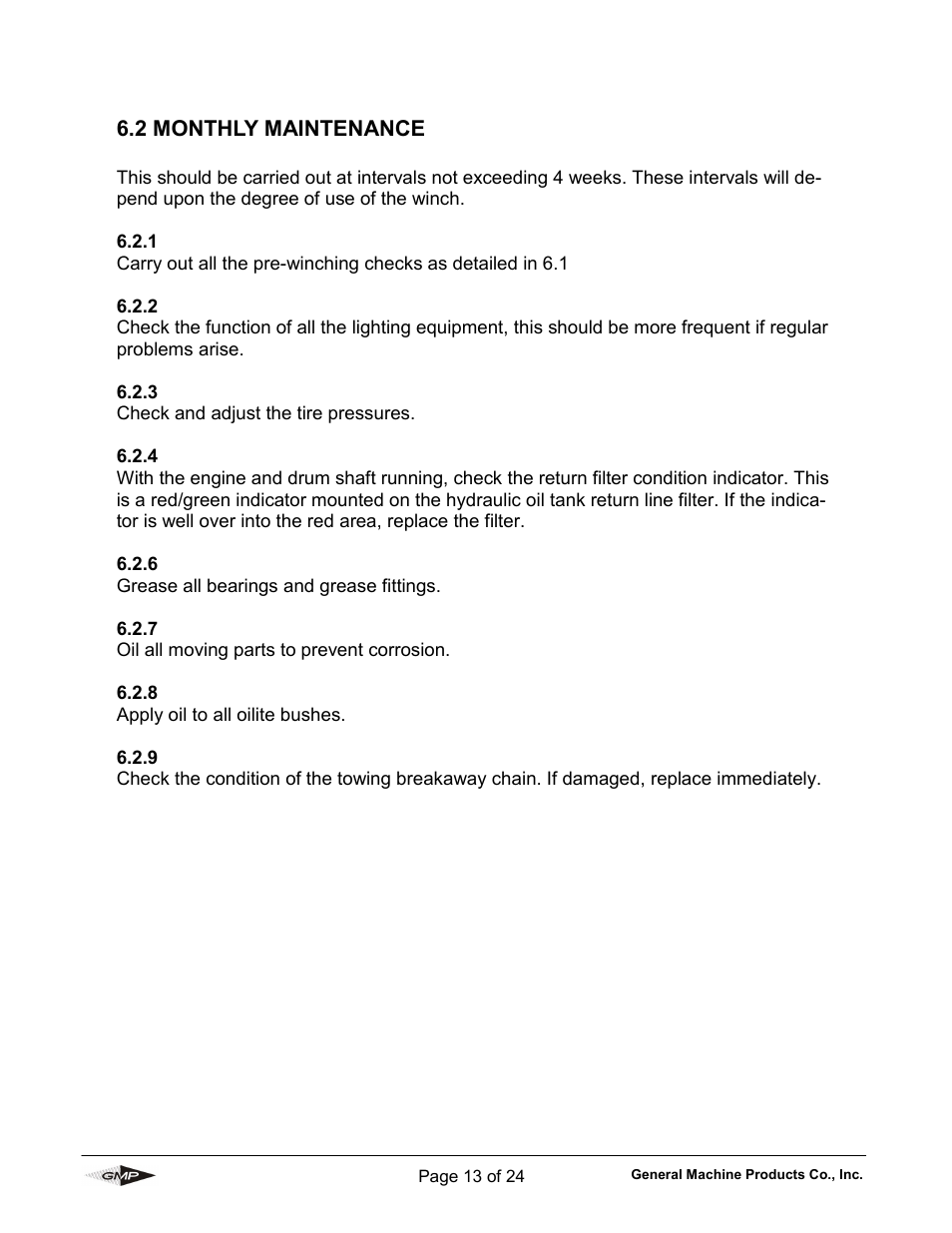 2 monthly maintenance | General Machine Products 70605 Trailer Mounted Fiber Optic Puller User Manual | Page 13 / 24