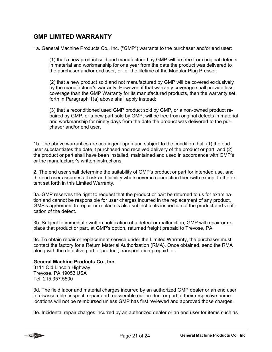 Gmp limited warranty | General Machine Products 70605 Trailer Mounted Fiber Optic Puller User Manual | Page 21 / 24