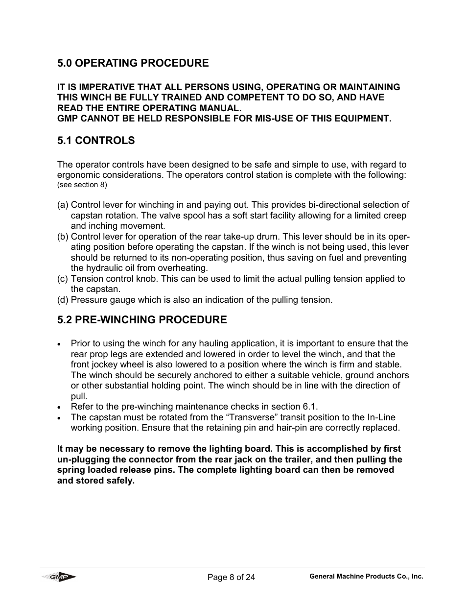 0 operating procedure, 1 controls, 2 pre-winching procedure | General Machine Products 70605 Trailer Mounted Fiber Optic Puller User Manual | Page 8 / 24