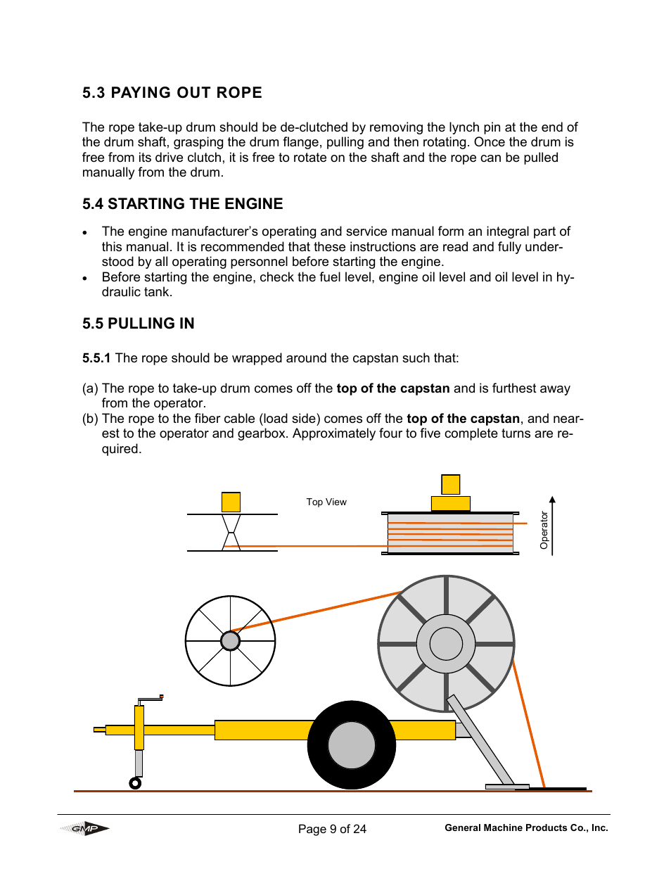 3 paying out rope, 4 starting the engine, 5 pulling in | General Machine Products 70605 Trailer Mounted Fiber Optic Puller User Manual | Page 9 / 24