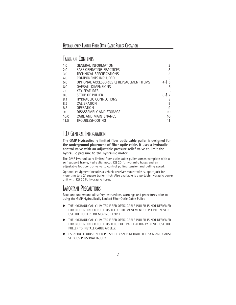 Able of, Ontents, Eneral | Nformation, Mportant, Recautions | General Machine Products 70483 Hydraulically Limited Cable Puller User Manual | Page 2 / 12