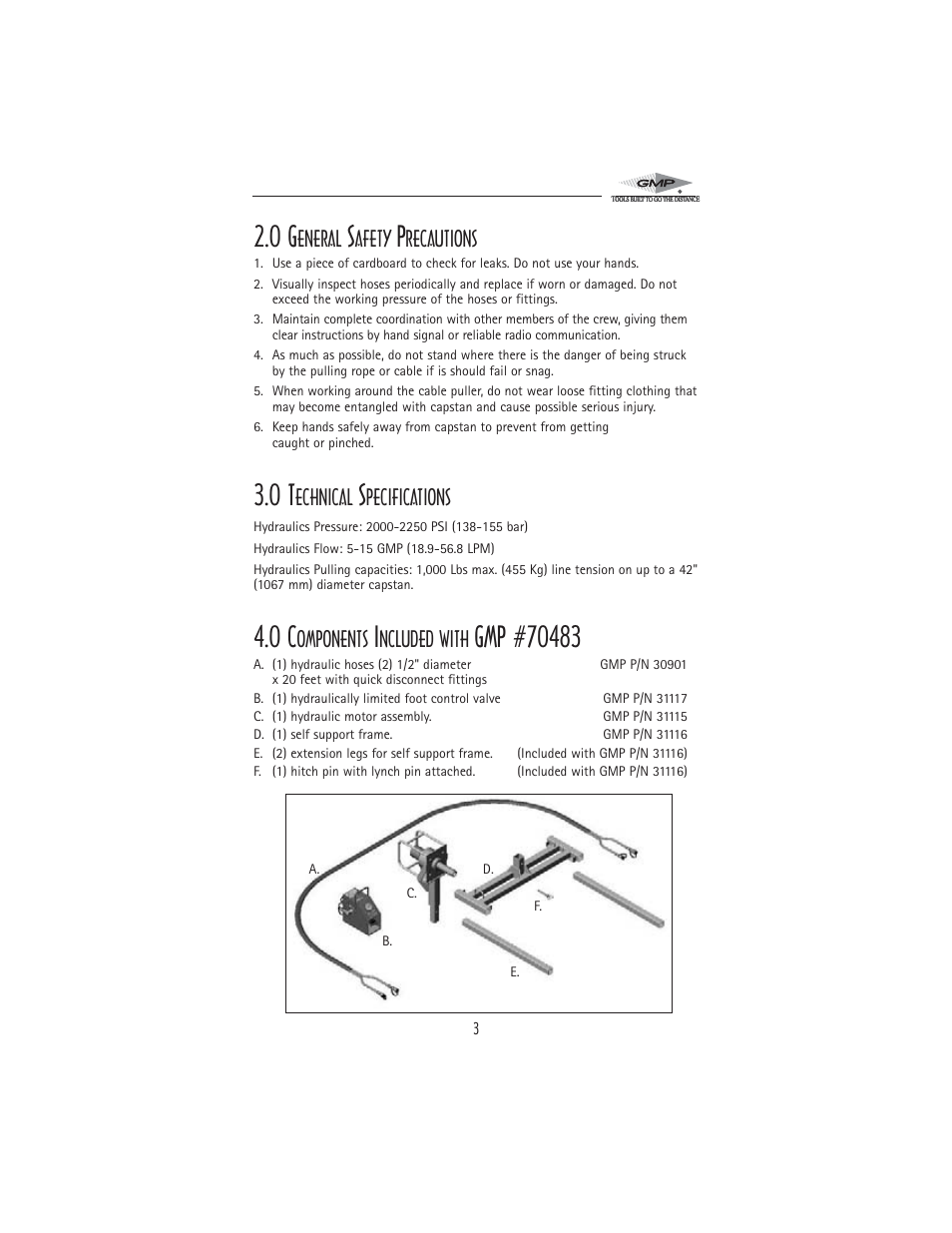 Eneral, Afety, Recautions | Echnical, Pecifications, Omponents, Ncluded with | General Machine Products 70483 Hydraulically Limited Cable Puller User Manual | Page 3 / 12