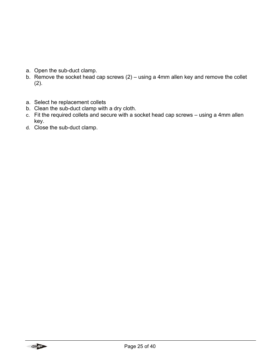 Procedure for replacement of sub-duct collets, Sub-duct clamp collets | General Machine Products 89004 Portable Powered Duct Rod Pusher User Manual | Page 25 / 39