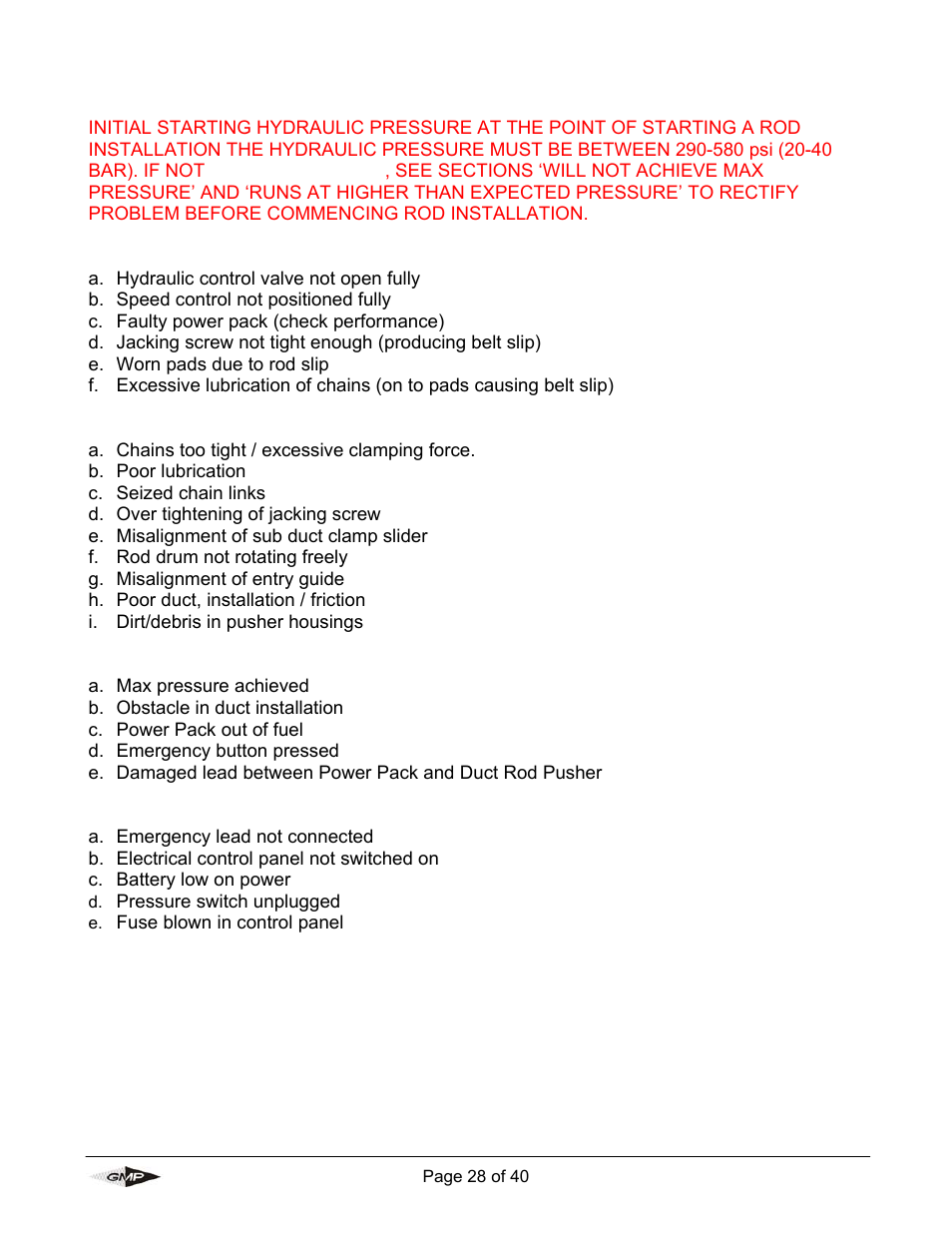 Troubleshooting guide | General Machine Products 89004 Portable Powered Duct Rod Pusher User Manual | Page 28 / 39