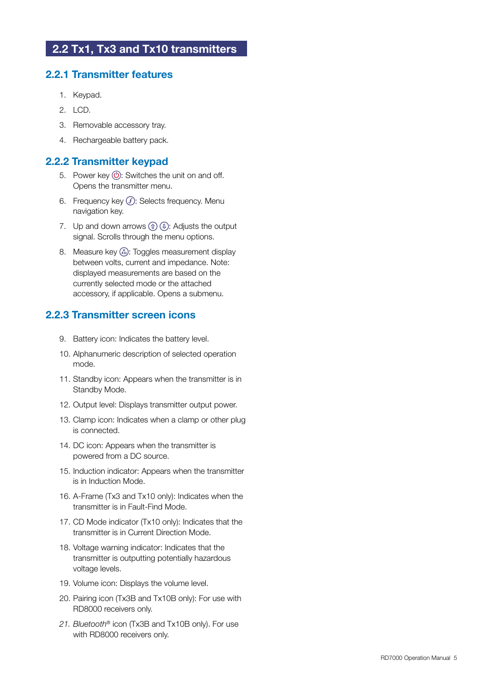 1 transmitter features, 2 transmitter keypad, 3 transmitter screen icons | General Machine Products RD7000 Traceable Rod Detection User Manual | Page 11 / 42