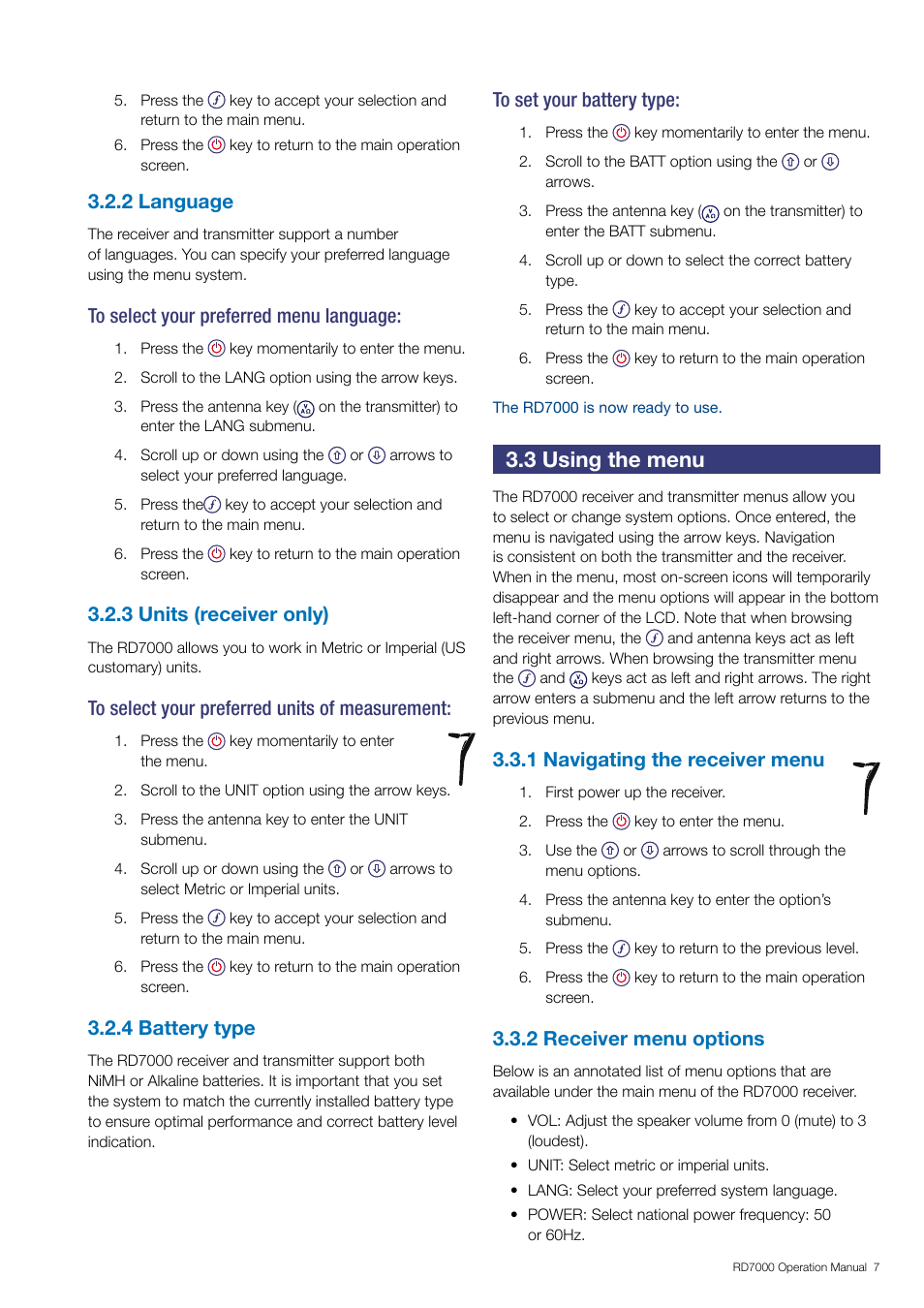 3 using the menu, 2 language, 3 units (receiver only) | 4 battery type, 1 navigating the receiver menu, 2 receiver menu options | General Machine Products RD7000 Traceable Rod Detection User Manual | Page 13 / 42