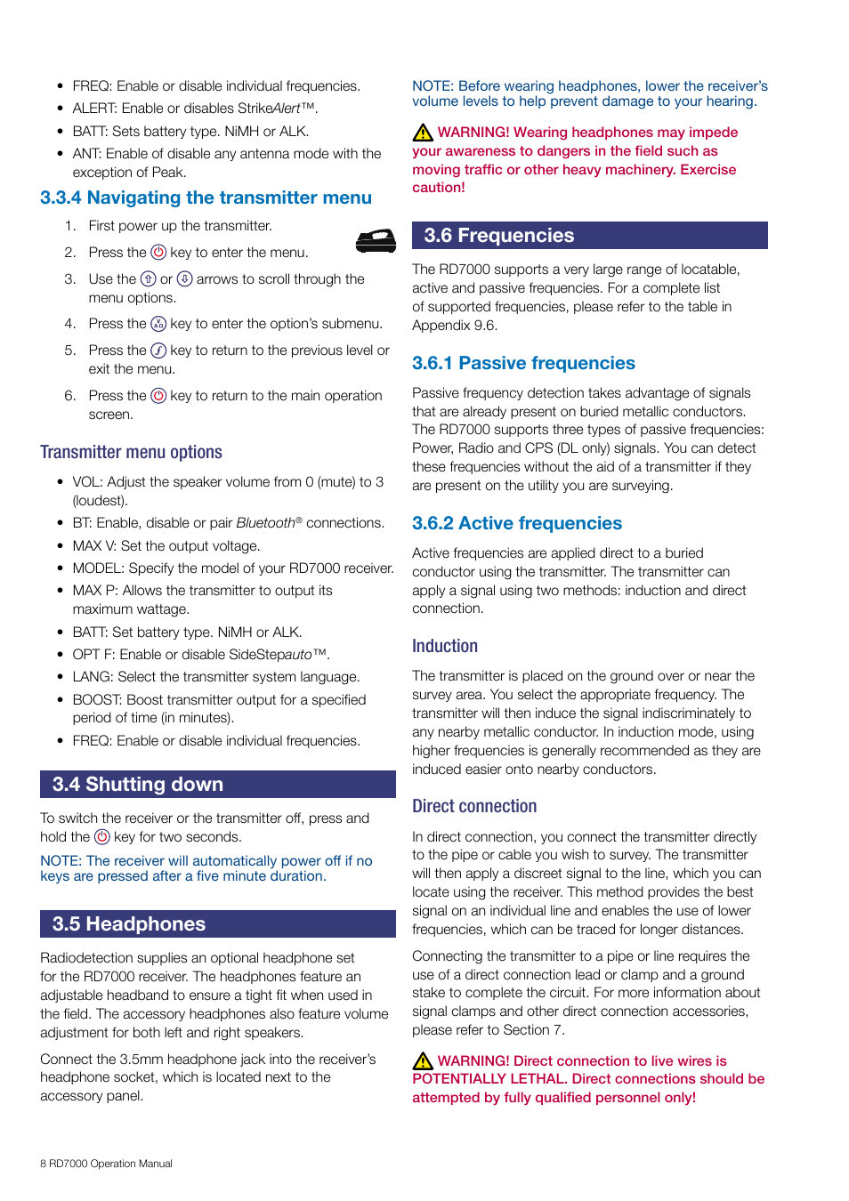 4 shutting down, 5 headphones, 6 frequencies | General Machine Products RD7000 Traceable Rod Detection User Manual | Page 14 / 42