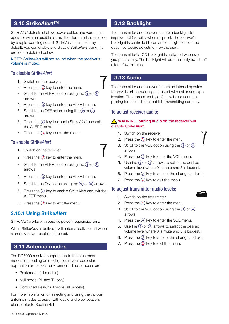 10 strike alert, 11 antenna modes, 12 backlight | 13 audio | General Machine Products RD7000 Traceable Rod Detection User Manual | Page 16 / 42