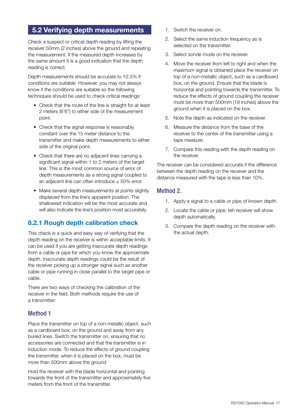 2 verifying depth measurements, 1 rough depth calibration check, Method 1 | Method 2 | General Machine Products RD7000 Traceable Rod Detection User Manual | Page 23 / 42