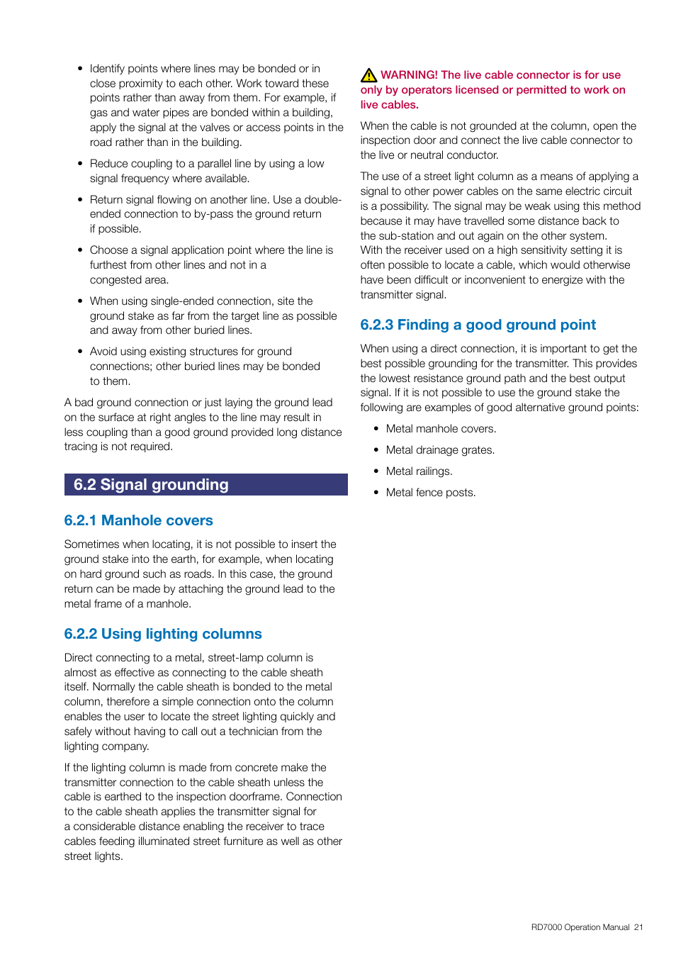 2 signal grounding, 1 manhole covers, 2 using lighting columns | 3 finding a good ground point | General Machine Products RD7000 Traceable Rod Detection User Manual | Page 27 / 42