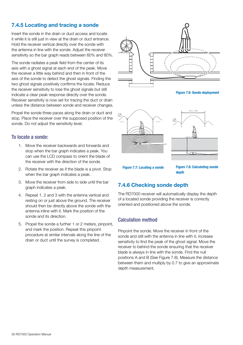 5 locating and tracing a sonde, 6 checking sonde depth, Calculation method | General Machine Products RD7000 Traceable Rod Detection User Manual | Page 32 / 42