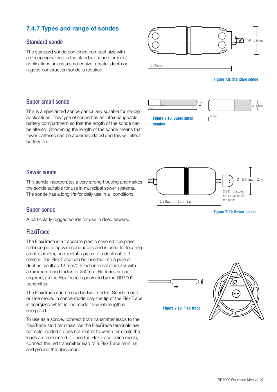 7 types and range of sondes standard sonde, Super small sonde, Sewer sonde | Super sonde, Flexitrace | General Machine Products RD7000 Traceable Rod Detection User Manual | Page 33 / 42