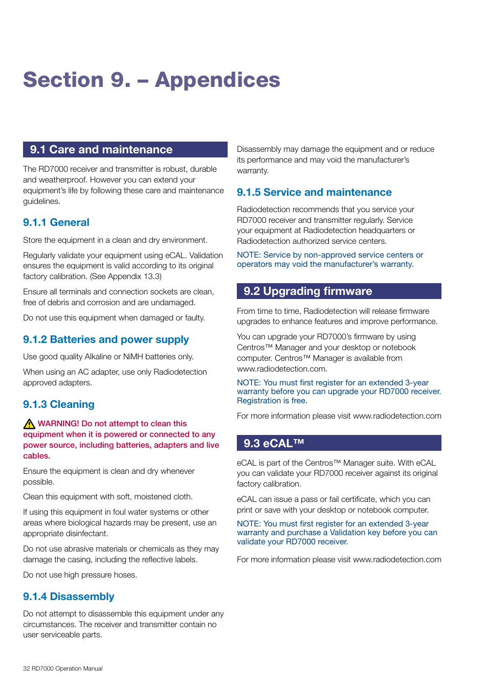 1 care and maintenance, 2 upgrading firmware, 3 ecal | General Machine Products RD7000 Traceable Rod Detection User Manual | Page 38 / 42