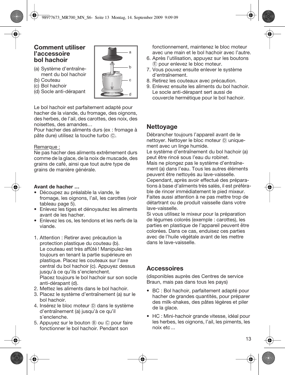 Comment utiliser l’accessoire bol hachoir, Nettoyage, Accessoires | Braun Multiquick 7 MR700 User Manual | Page 12 / 40