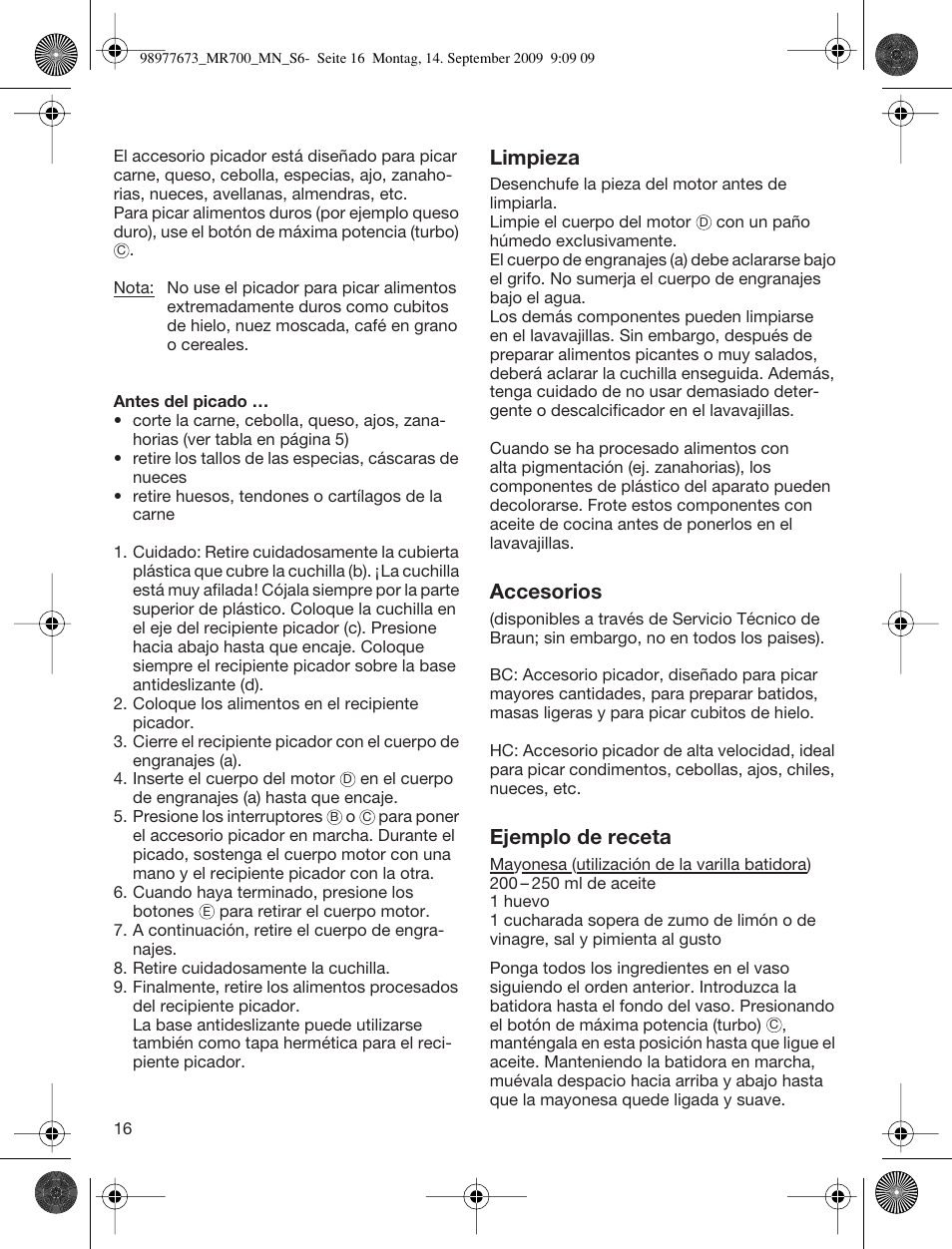 Limpieza, Accesorios, Ejemplo de receta | Braun Multiquick 7 MR700 User Manual | Page 15 / 40