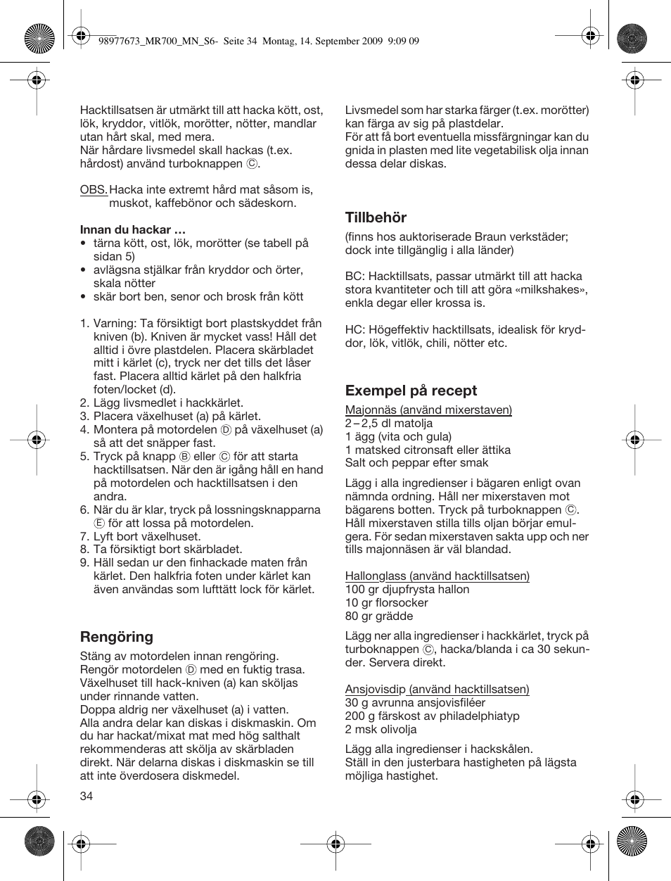 Rengöring, Tillbehör, Exempel på recept | Braun Multiquick 7 MR700 User Manual | Page 33 / 40