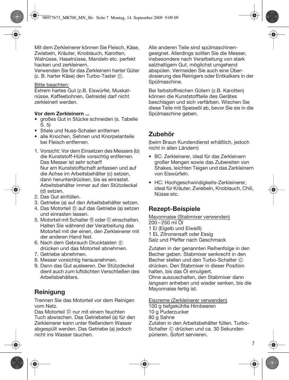 Reinigung, Zubehör, Rezept-beispiele | Braun Multiquick 7 MR700 User Manual | Page 6 / 40