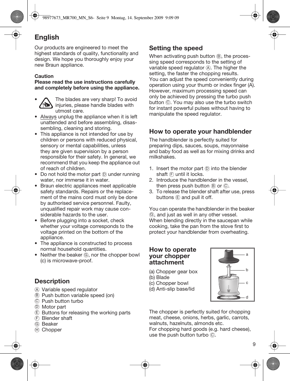 English, Description, Setting the speed | How to operate your handblender, How to operate your chopper attachment | Braun Multiquick 7 MR700 User Manual | Page 8 / 40