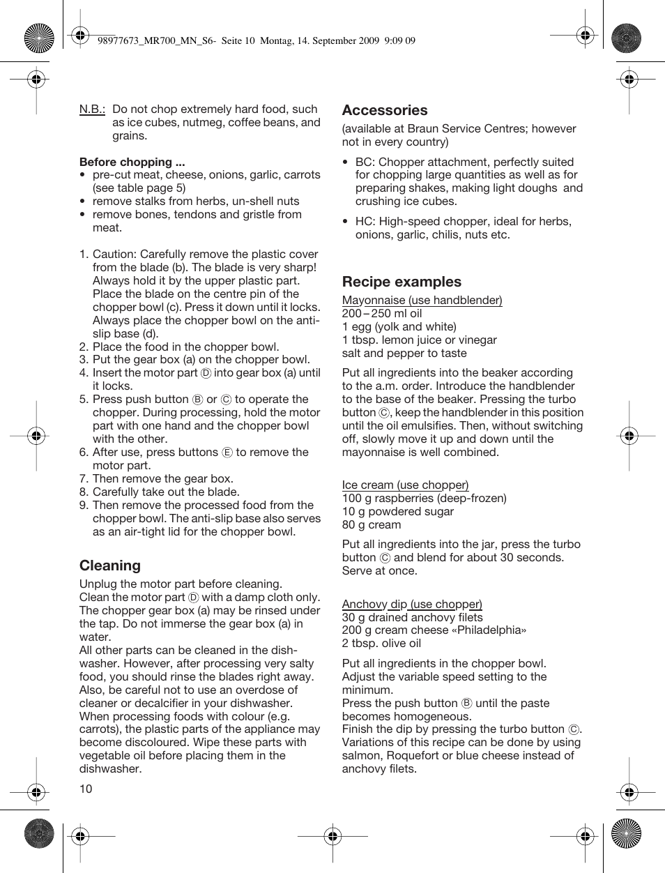 Cleaning, Accessories, Recipe examples | Braun Multiquick 7 MR700 User Manual | Page 9 / 40
