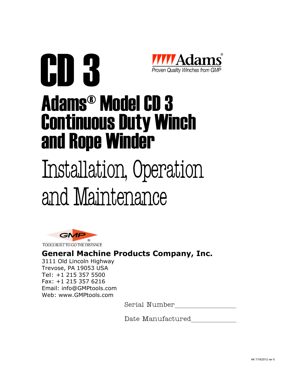 General Machine Products 70524 Adams CD3 Continuous Duty Winch User Manual | 29 pages