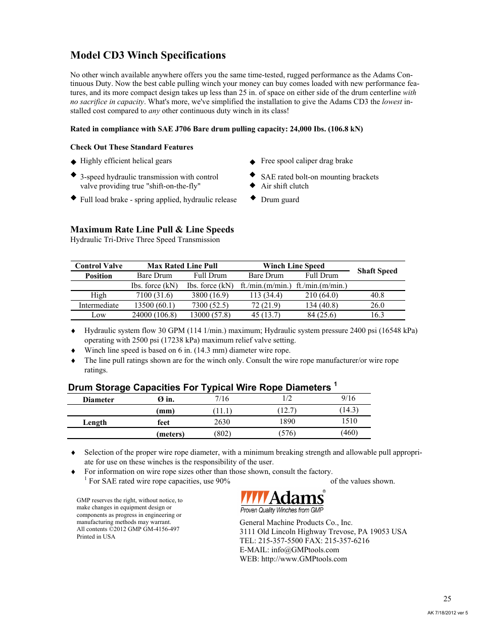 Model cd3 winch specifications | General Machine Products 70524 Adams CD3 Continuous Duty Winch User Manual | Page 25 / 29