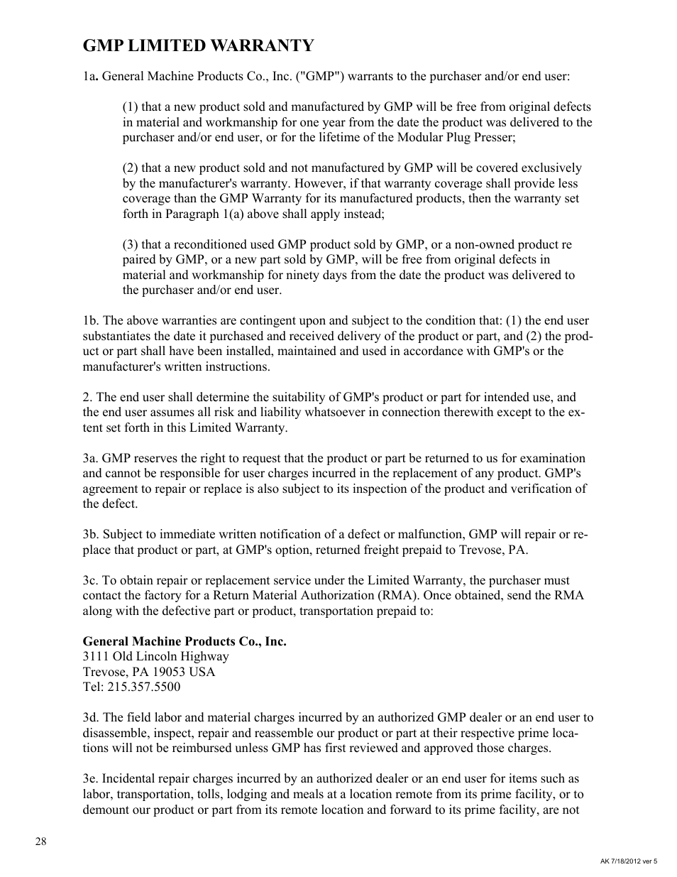 Gmp limited warranty | General Machine Products 70524 Adams CD3 Continuous Duty Winch User Manual | Page 28 / 29