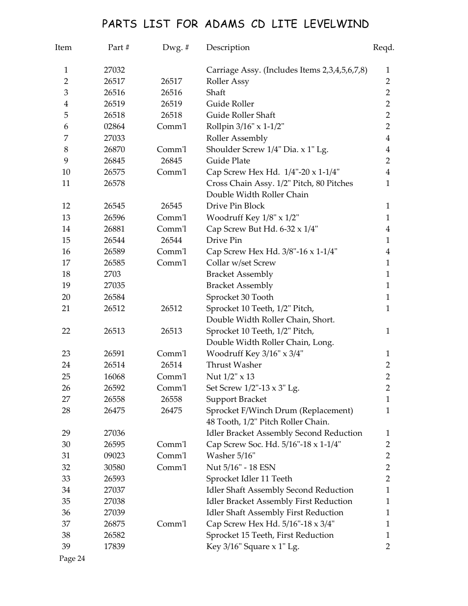 Parts list for adams cd lite levelwind | General Machine Products 70601 Adams CD Lite Winch User Manual | Page 25 / 29