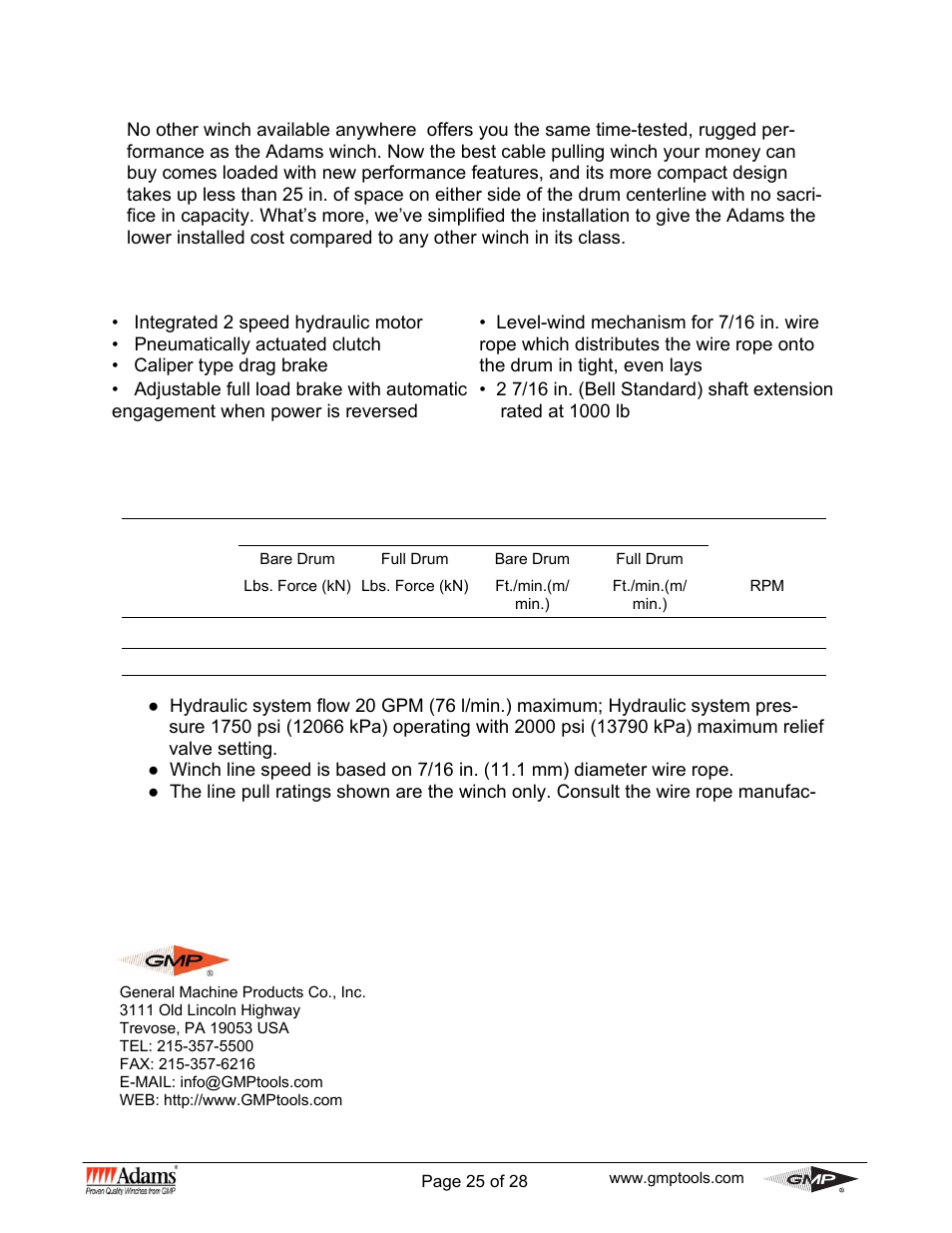 Model wg winch specifications | General Machine Products 70530 Adams WG Winch User Manual | Page 25 / 28