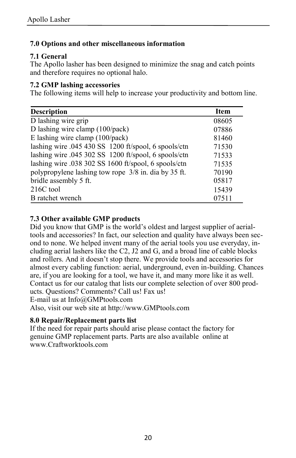 General Machine Products 70400 Apollo Cable Lasher User Manual | Page 20 / 24