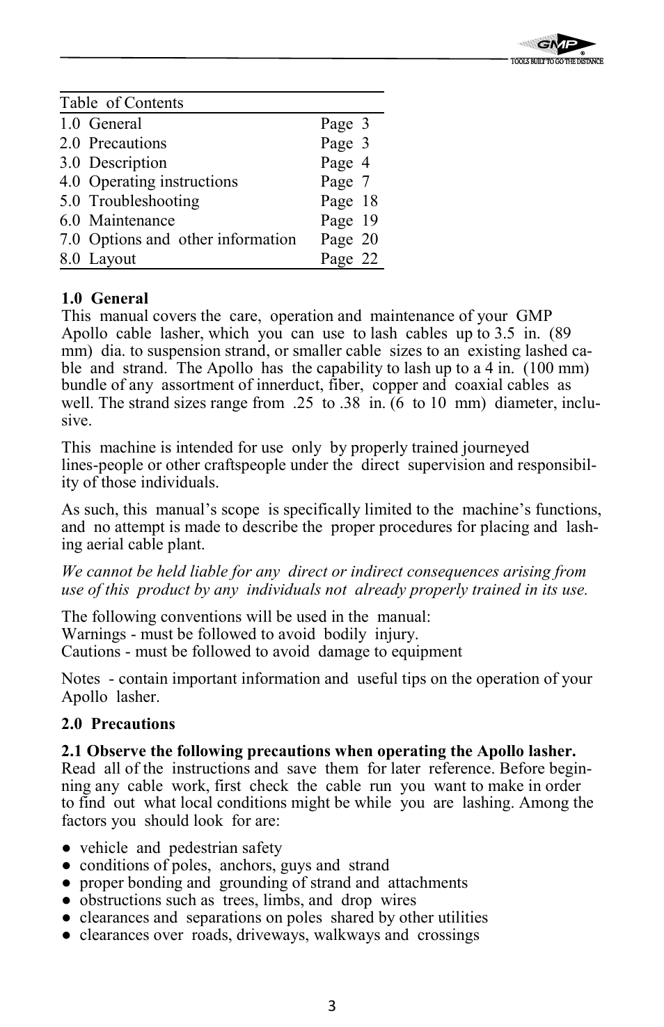 General Machine Products 70400 Apollo Cable Lasher User Manual | Page 3 / 24