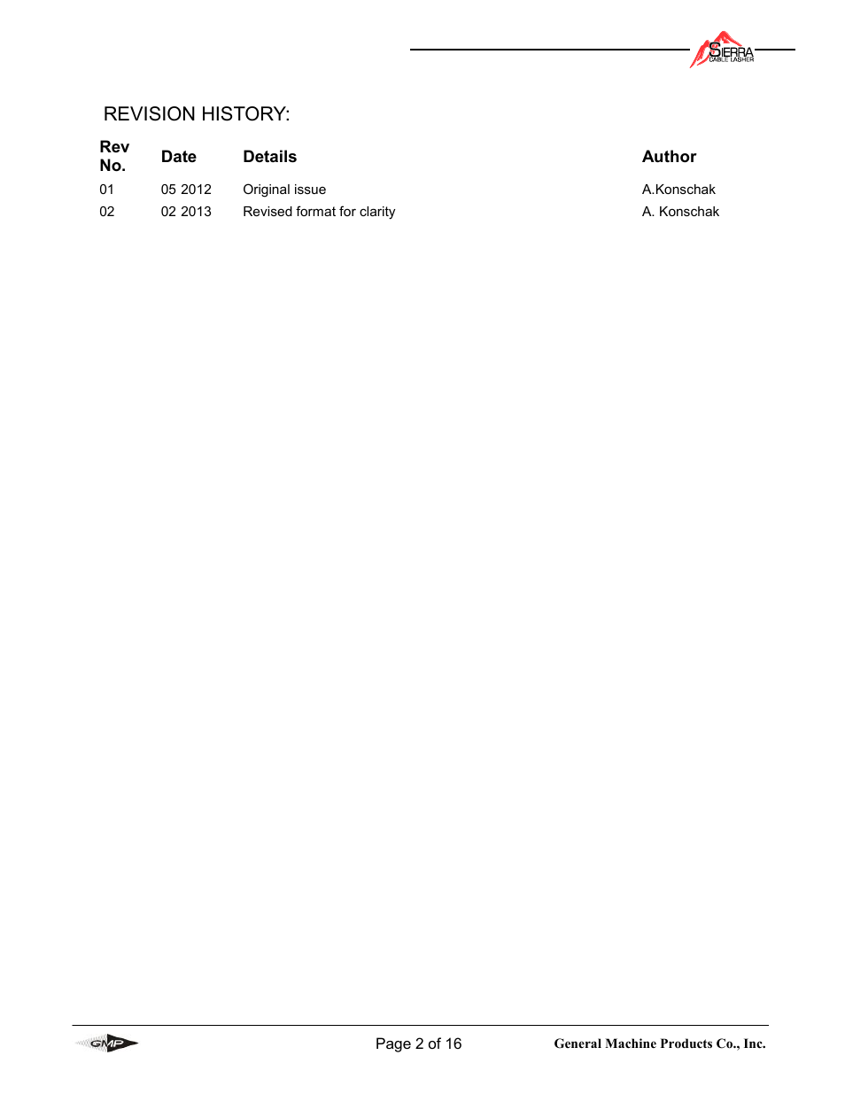 Revision history | General Machine Products 71500 Sierra Cable Lasher User Manual | Page 2 / 16