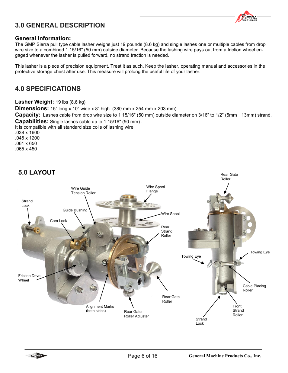 0 general description, 0 specifications, 0 layout | General Machine Products 71500 Sierra Cable Lasher User Manual | Page 6 / 16