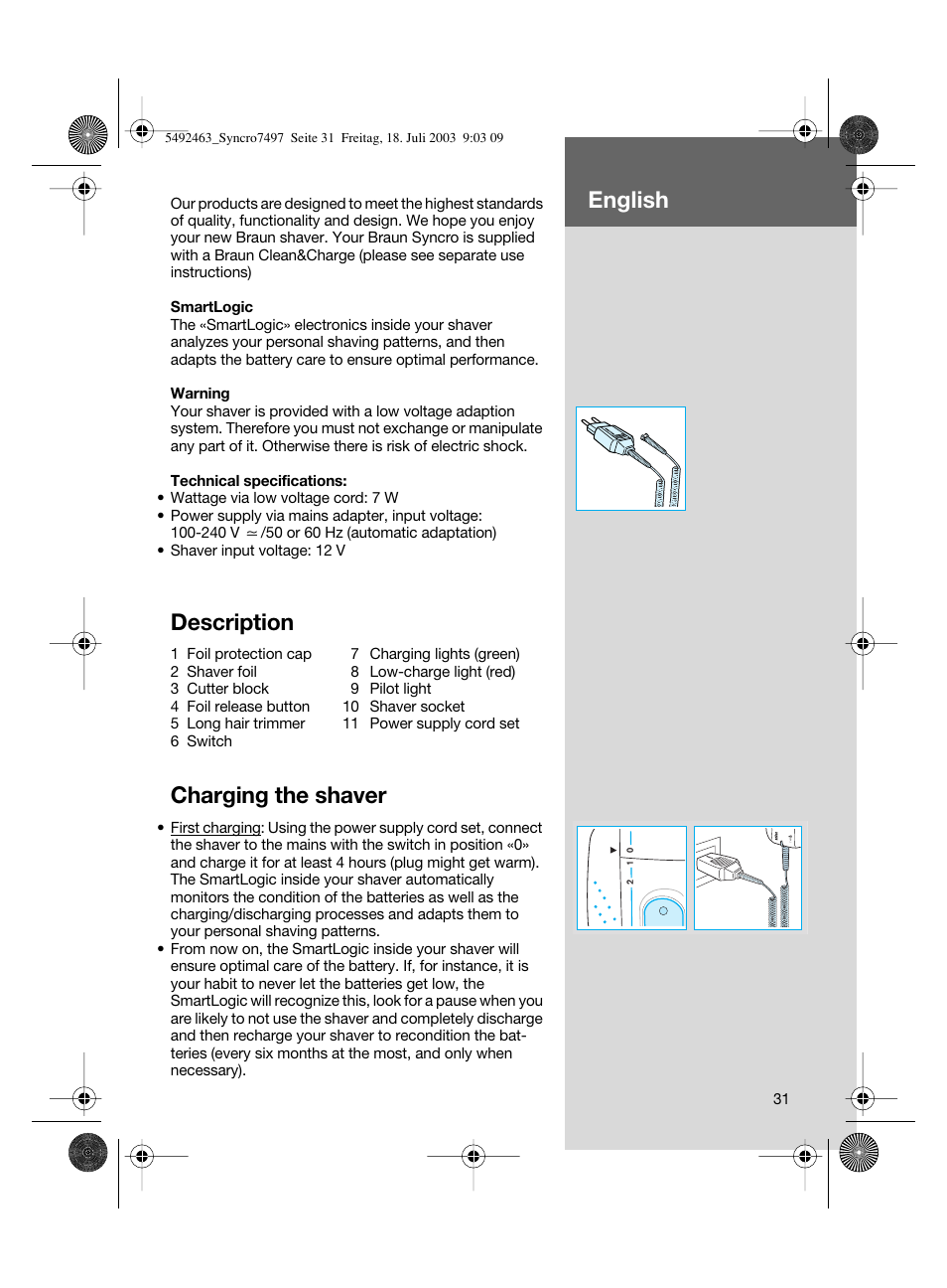 Description, Charging the shaver, English | Braun 7640 User Manual | Page 31 / 39