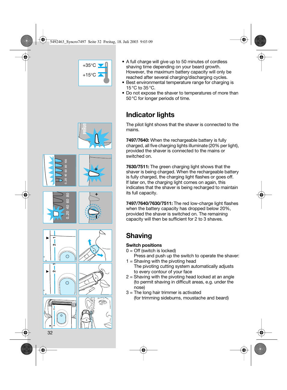 Indicator lights, Shaving | Braun 7640 User Manual | Page 32 / 39