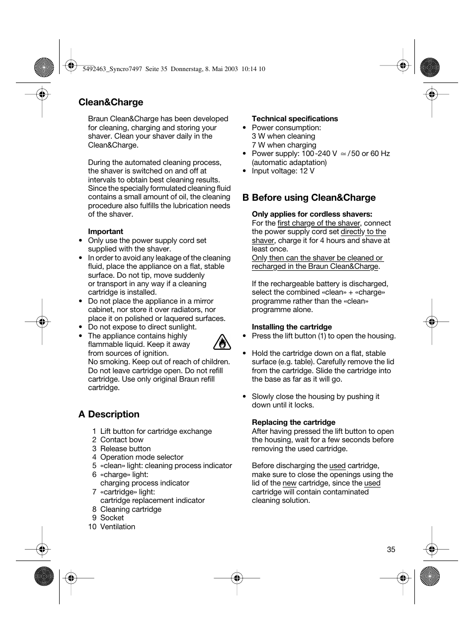 Clean&charge, A description, B before using clean&charge | Braun 7640 User Manual | Page 35 / 39