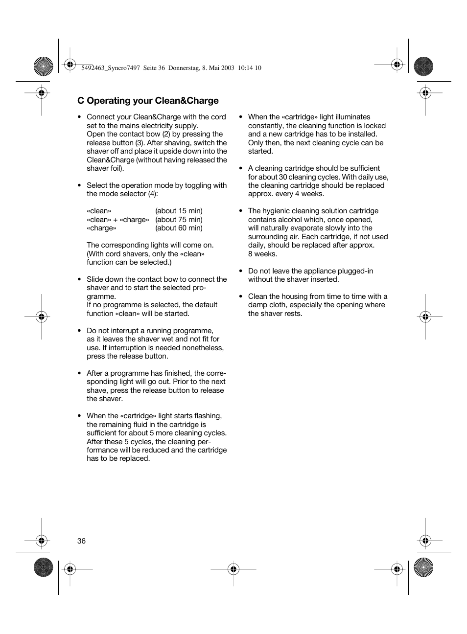 C operating your clean&charge | Braun 7640 User Manual | Page 36 / 39