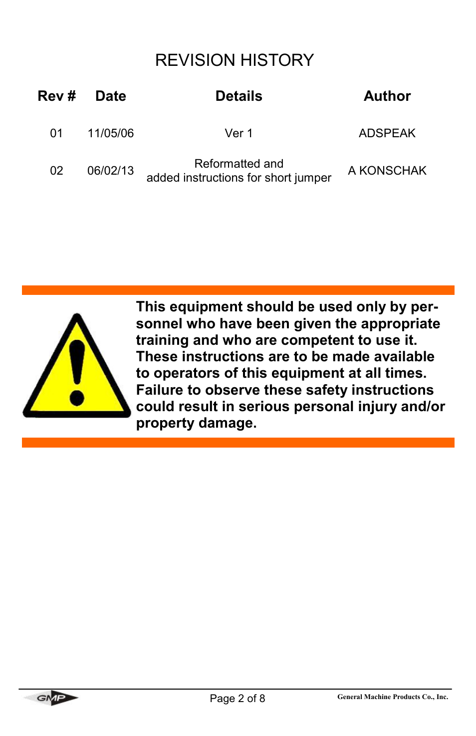 Revision history, Rev # date details author | General Machine Products 71637 Traveling Ground Kit User Manual | Page 2 / 8