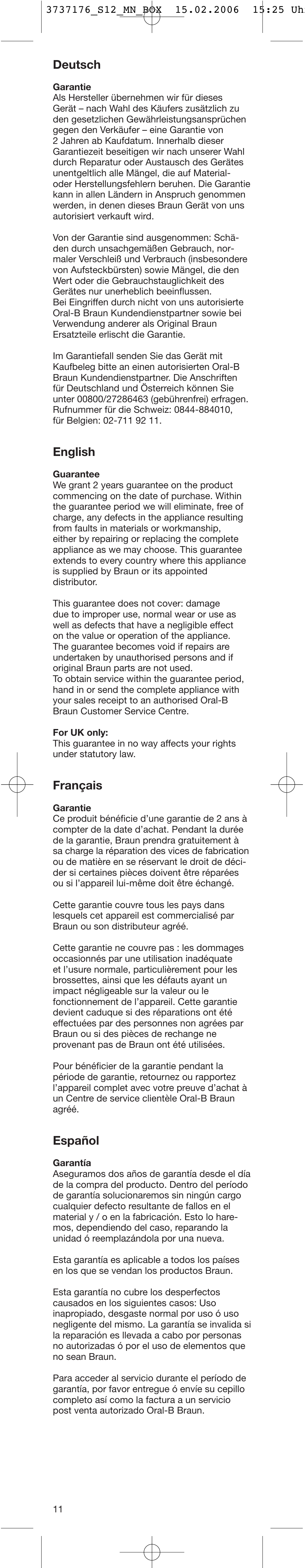Deutsch, English, Français | Español | Braun 3709by User Manual | Page 9 / 12
